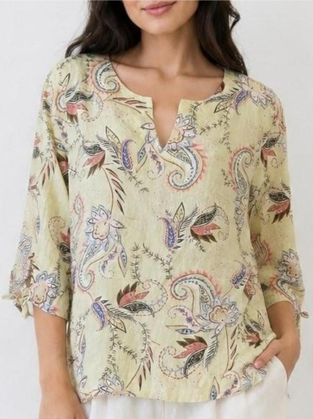 J. Jill Love Linen Light Green Paisley Print Keyhole Blouse